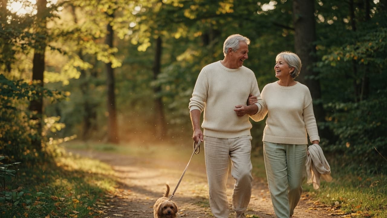 A couple walking a sunlit woodland path